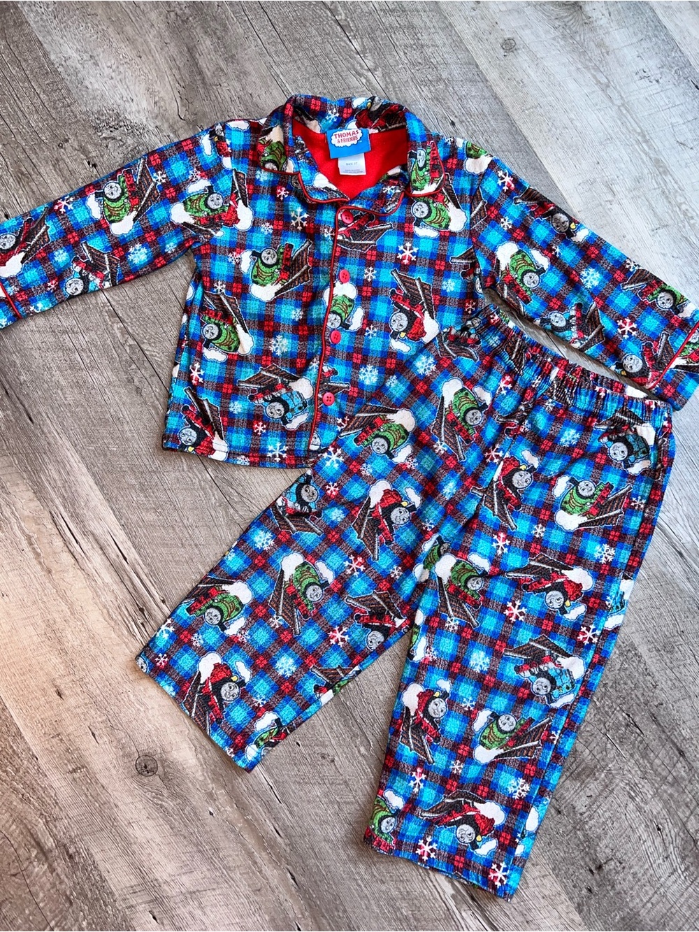 Thomas & Friends Blue Plaid Kids Pajama Set 3T Y2K
